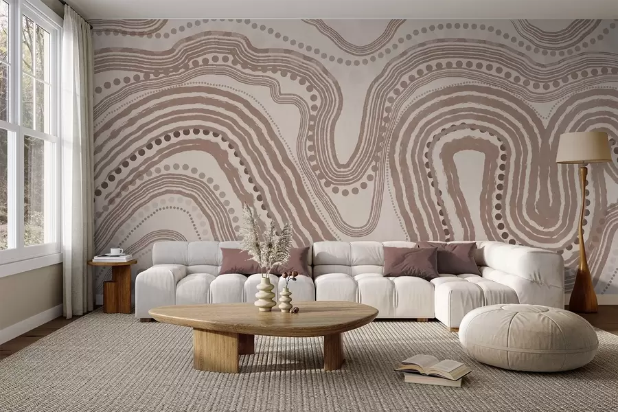 Шпалери Абстрактні коричневі та бежеві хвилясті лінії та крапки, сучасне текстуроване мистецтво w09747v1