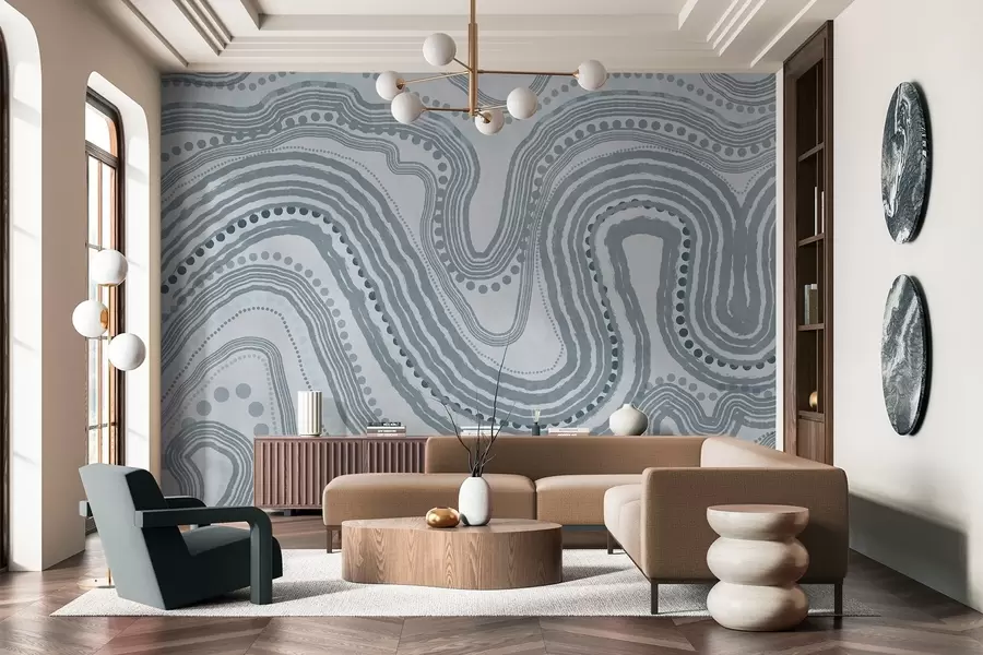 Шпалери Абстрактні сині хвилясті лінії та крапки, сучасне текстуроване мистецтво w09747v3