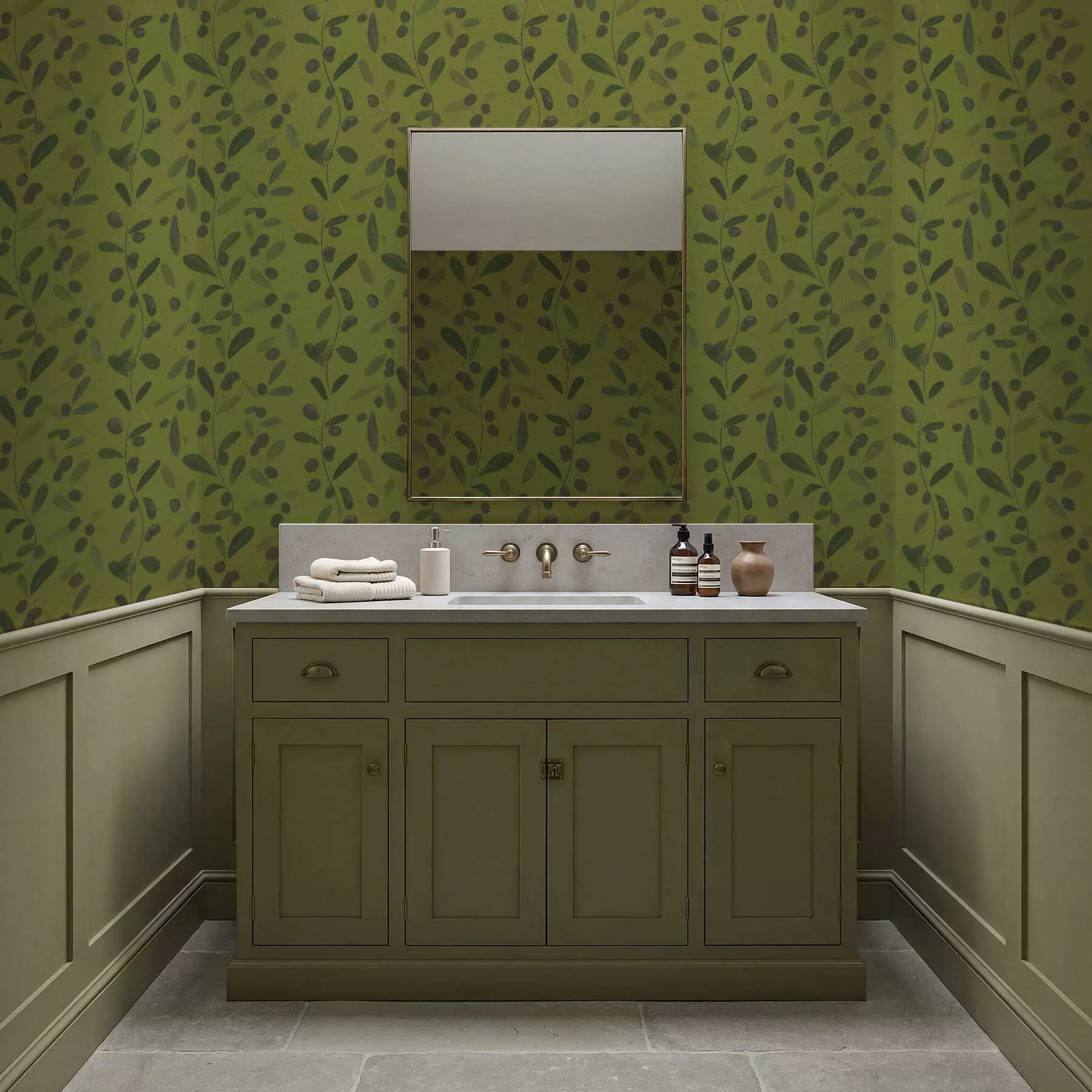 Шпалери Зелені гілки з листям і ягодами на оливковому дереві a01113