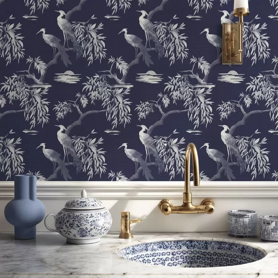 Шпалери Птахи на гілці на темно-синьому тлі a01116v1