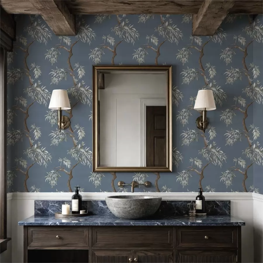 Шпалери Гілка дерева з листям на синьому тлі a01117