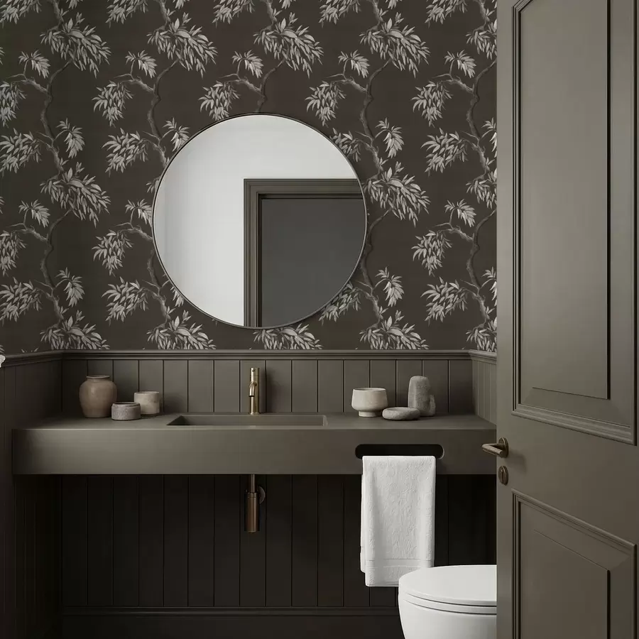 Шпалери Монохромна гілка з листям на темному тлі a01117v2