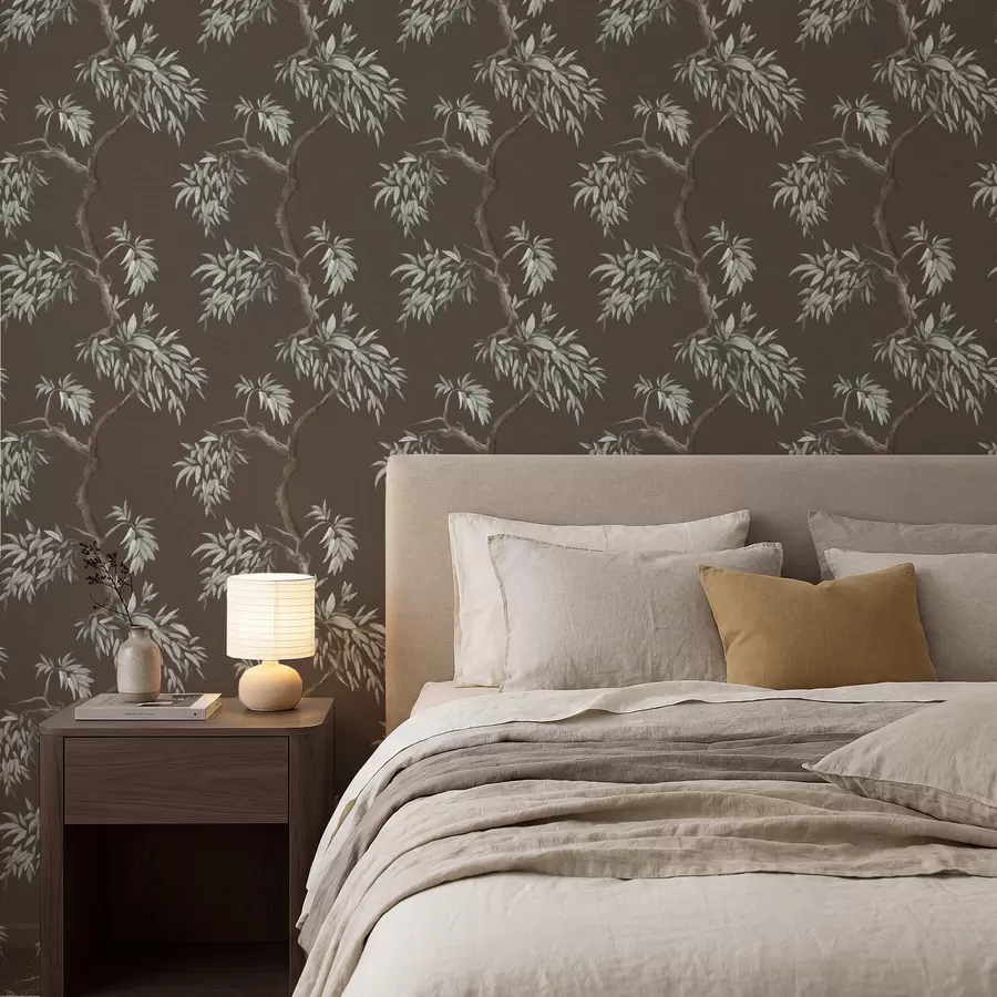 Шпалери Гілка дерева з листям на коричневому тлі a01117v3