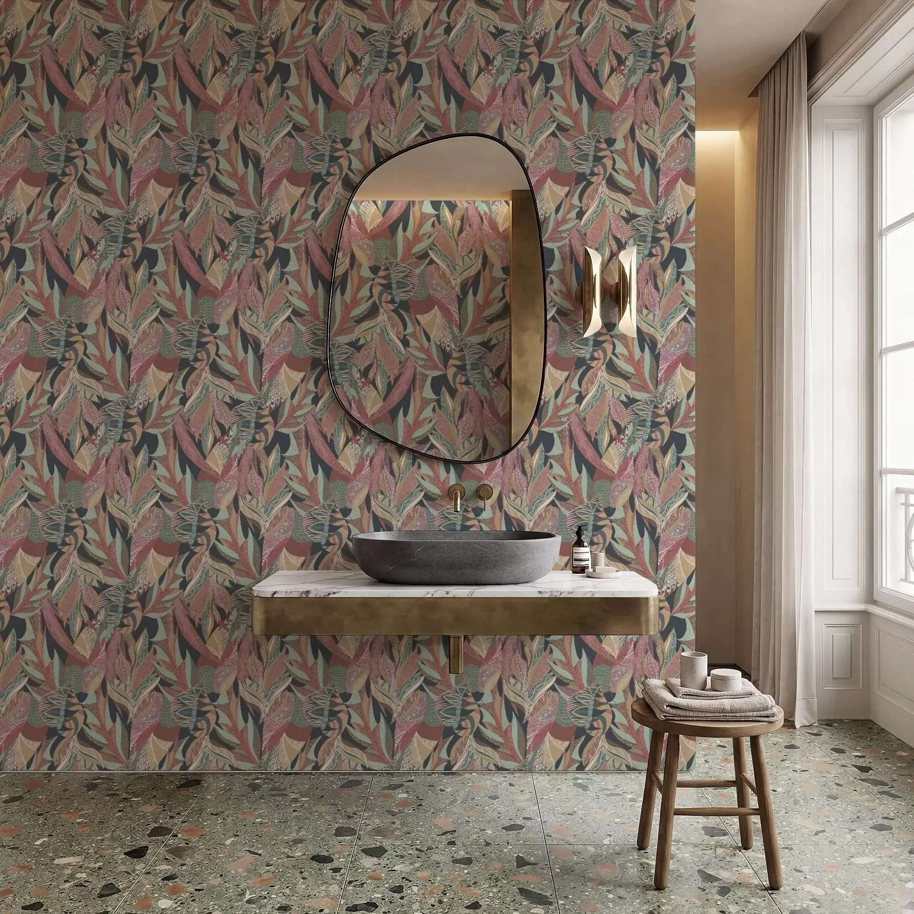 Шпалери Кольорові листя з візерунками на темному тлі a01120