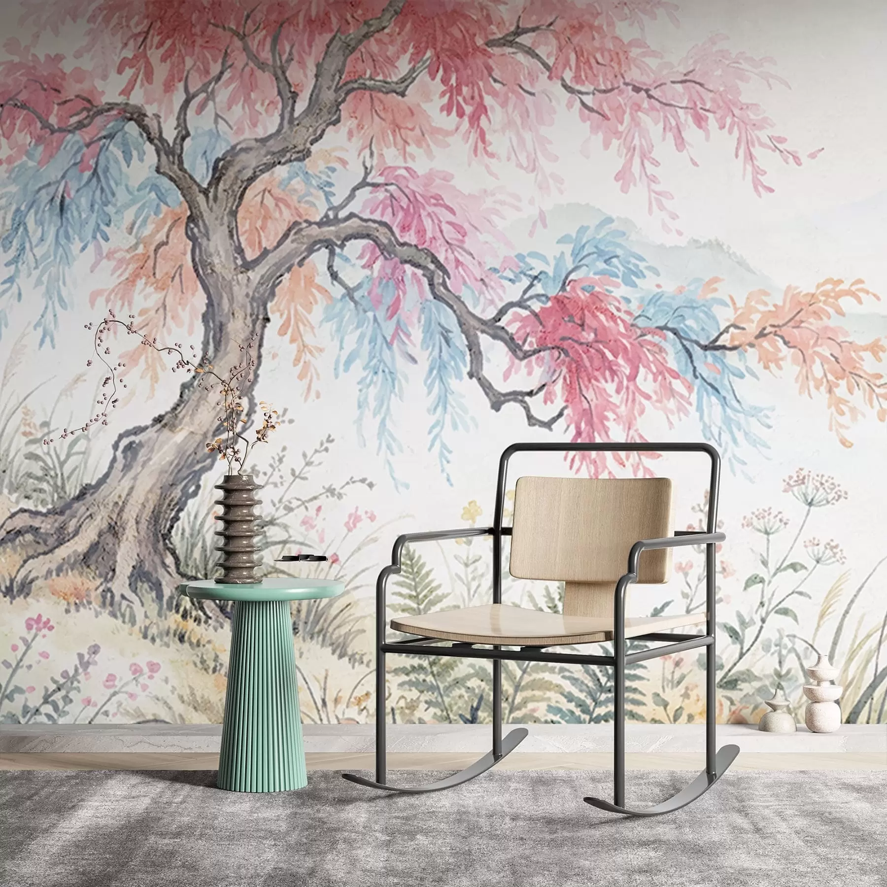 Шпалери Розфарбований барвистий сад на бетонній стіні w05246