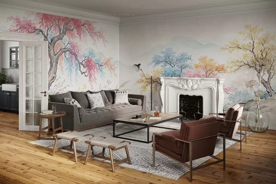 Шпалери Розфарбований барвистий сад на бетонній стіні w05246