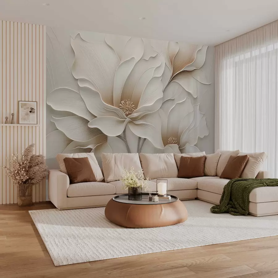 Шпалери Рельєфний бежевий квітковий рельєф крупним планом w05269