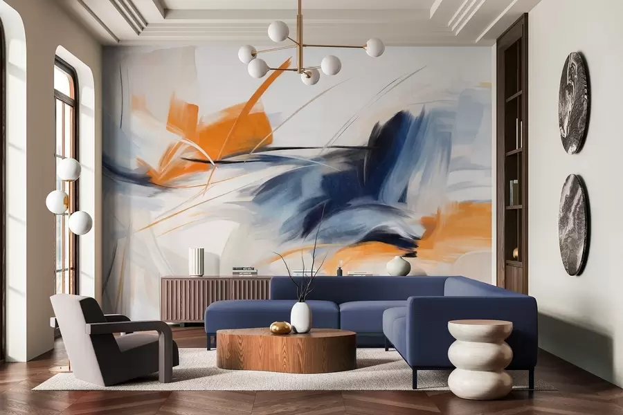 Шпалери Абстрактний стиль живопису з помаранчевими та синіми текстурними мазками w09755