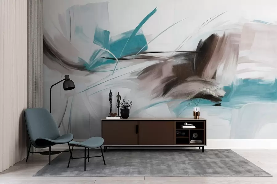 Шпалери Абстрактний стиль живопису з коричневими та синіми текстурними мазками w09755v1