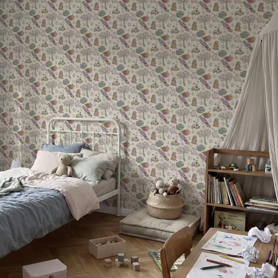 Шпалери Кольоровий дитячий малюнок з птахами та кроликами a01127