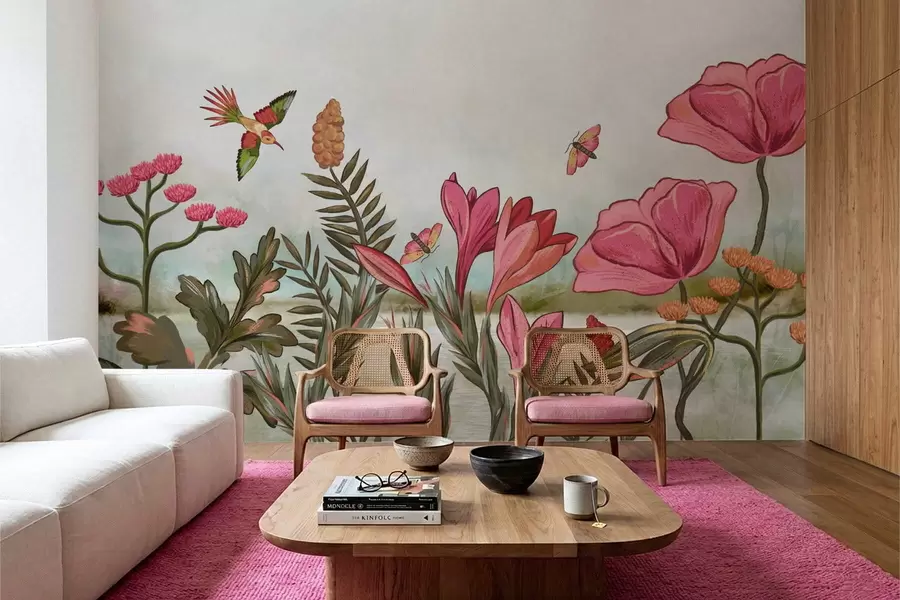 Шпалери Яскраві квіти з птахами та метеликами w05321