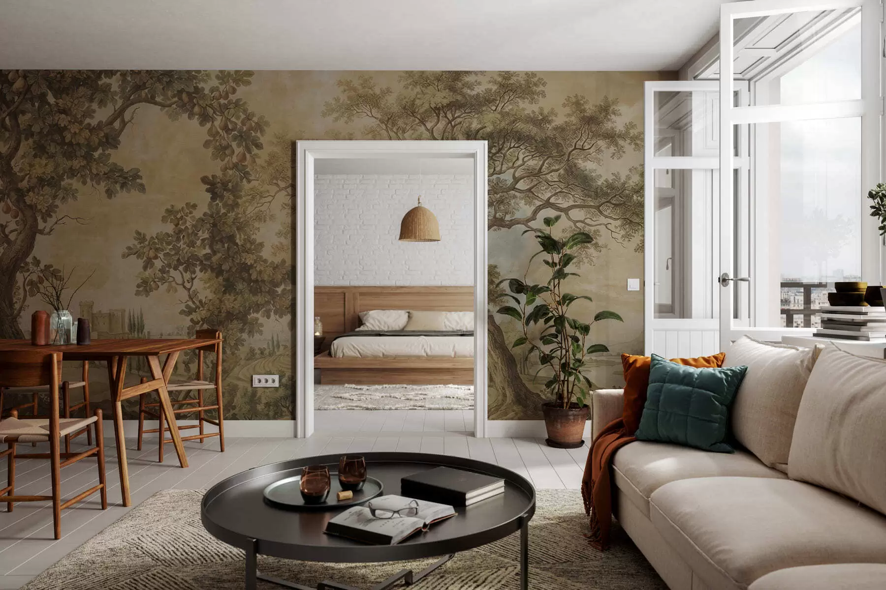 Шпалери Пасторальний пейзаж у вишитому стилі w05359