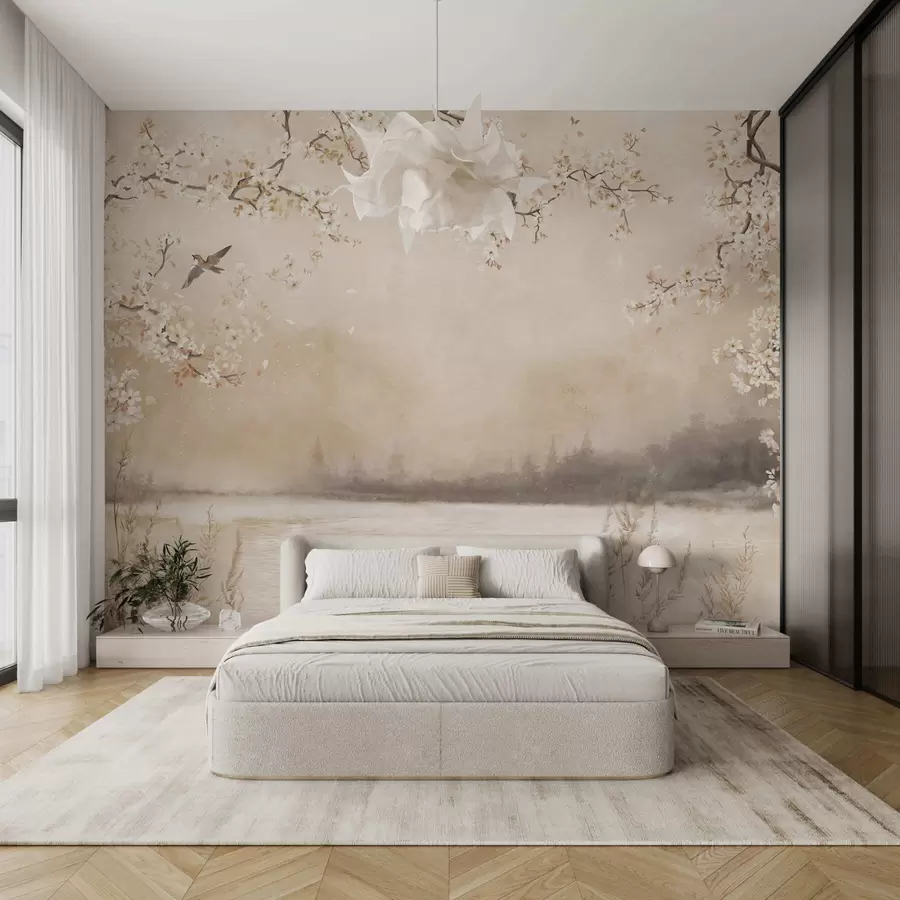 Шпалери Ніжні квітучі гілки біля озера з птахами в легкому тумані w05155