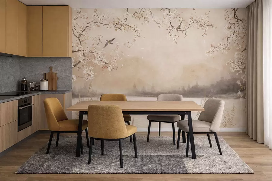 Шпалери Ніжні квітучі гілки біля озера з птахами в легкому тумані w05155