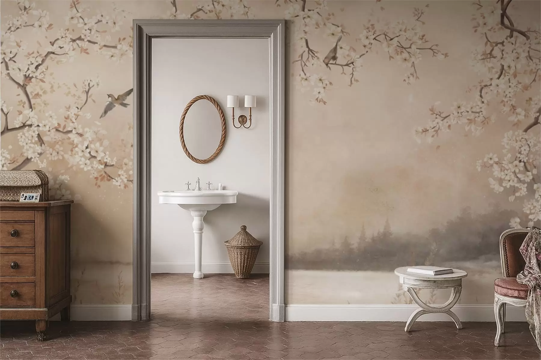 Шпалери Ніжні квітучі гілки біля озера з птахами в легкому тумані w05155