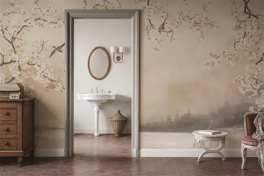 Шпалери Ніжні квітучі гілки біля озера з птахами в легкому тумані w05155