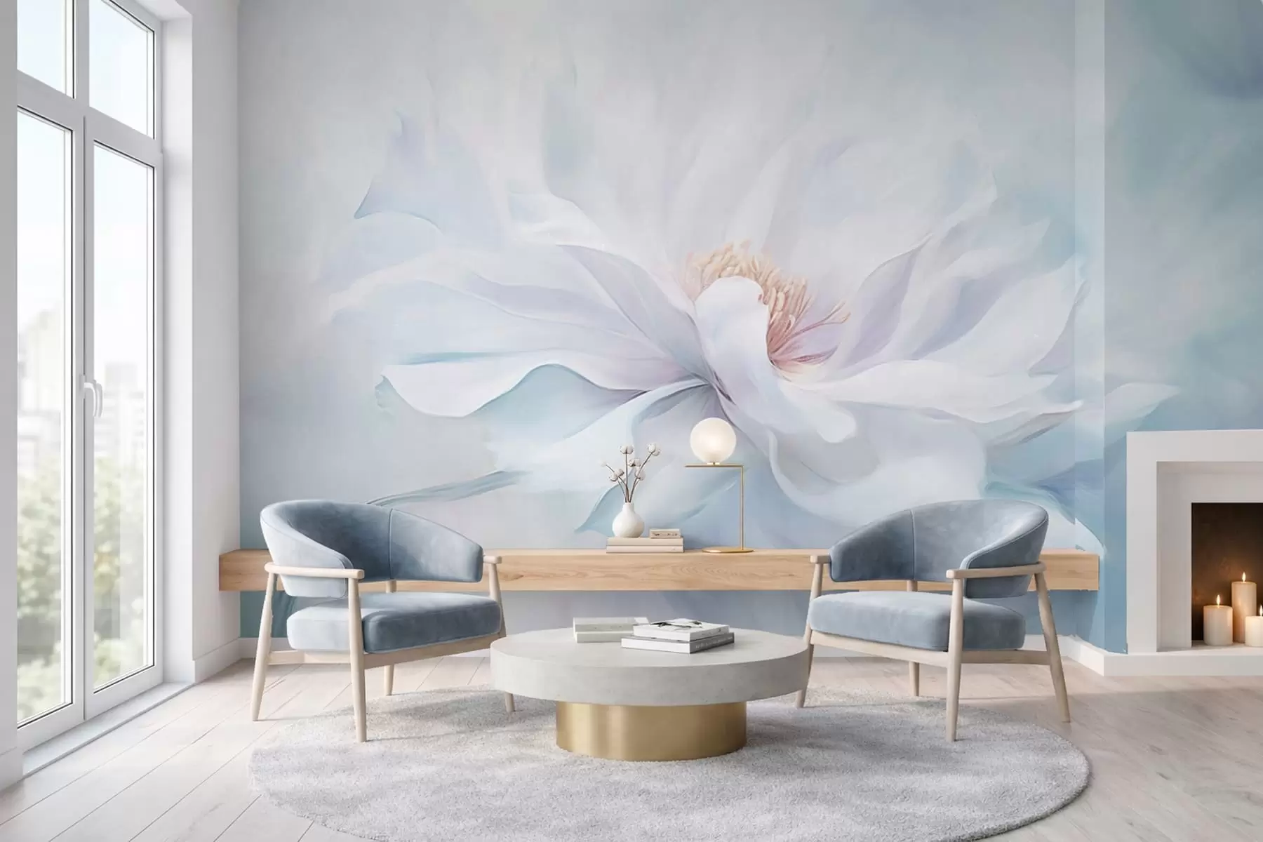 Шпалери М'яка біла квітка з хвилястими пелюстками на синьому тлі w05354