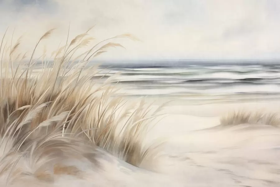 Шпалери Текстурований пейзаж із сухою травою на піщаному пляжі, з океаном і небом на задньому плані w09739