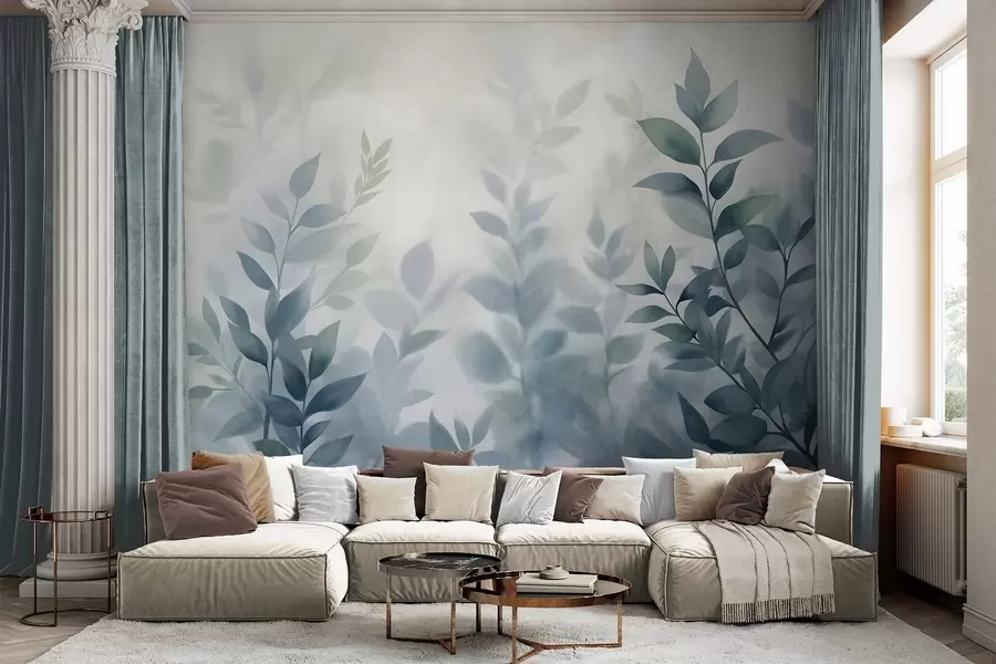 Шпалери Ніжні гілки з приглушеним синім листям, стиль акварельного живопису, фактурне мистецтво w09750v1