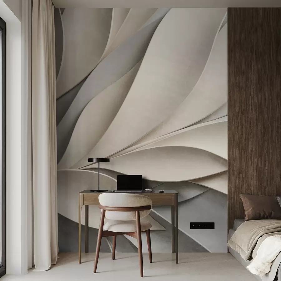 Шпалери Абстрактні листя в бежевому та сірому кольорах, фактурне сучасне мистецтво w09769