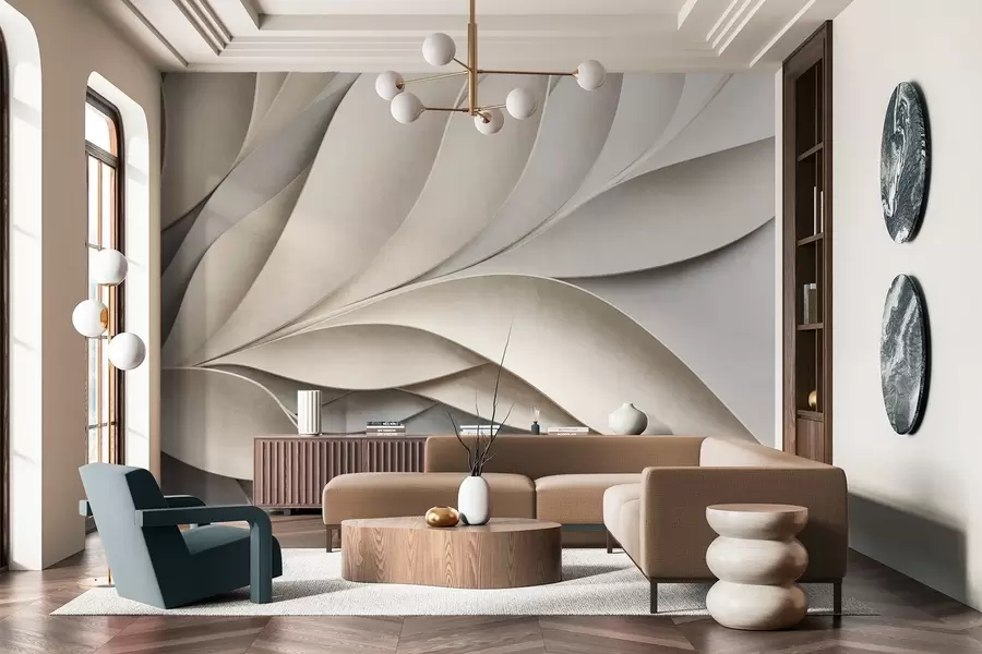 Шпалери Абстрактні листя в бежевому та сірому кольорах, фактурне сучасне мистецтво w09769