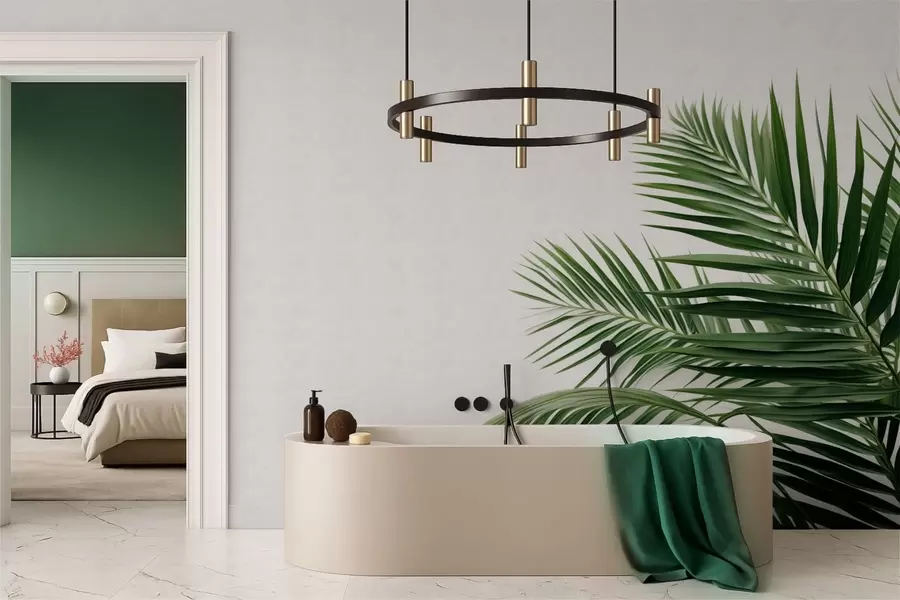 Шпалери Зелене пальмове листя на світлому тлі w05391