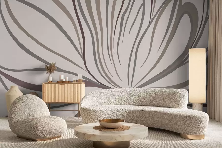 Шпалери Абстрактна квітка з лініями у сірих та рожевих тонах w05392