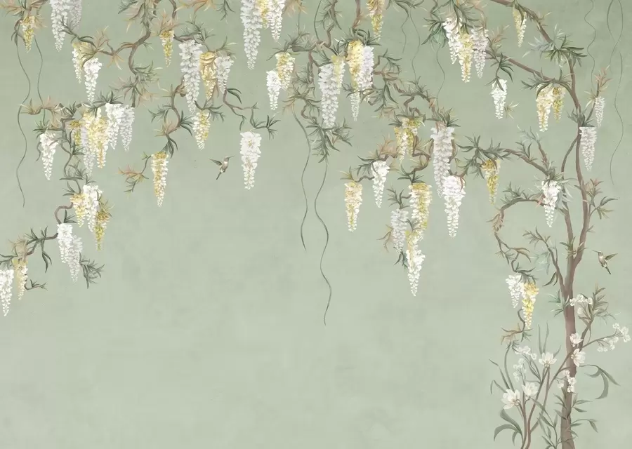 Шпалери Квітучі гілки з білими квітами та птахами на зеленому тлі w05394