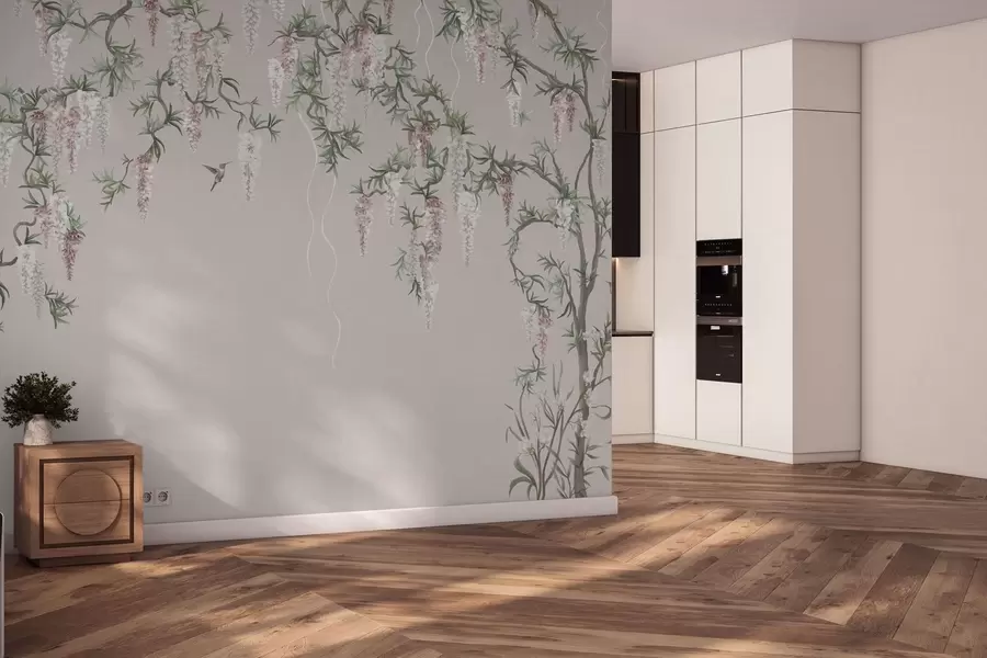 Шпалери Квітучі гілки з рожевими квітами та птахами w05394v1