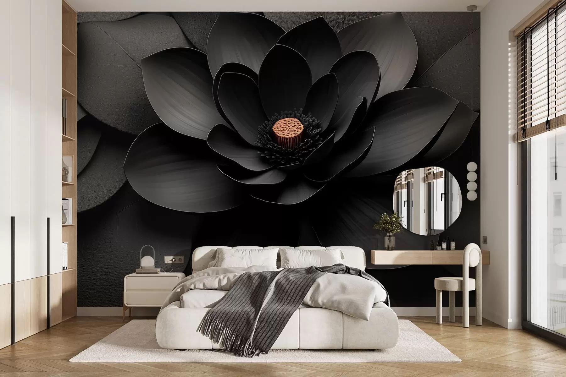 Шпалери Мінімалістична чорна квітка з пелюстками та контрастною теплою серединкою w09721