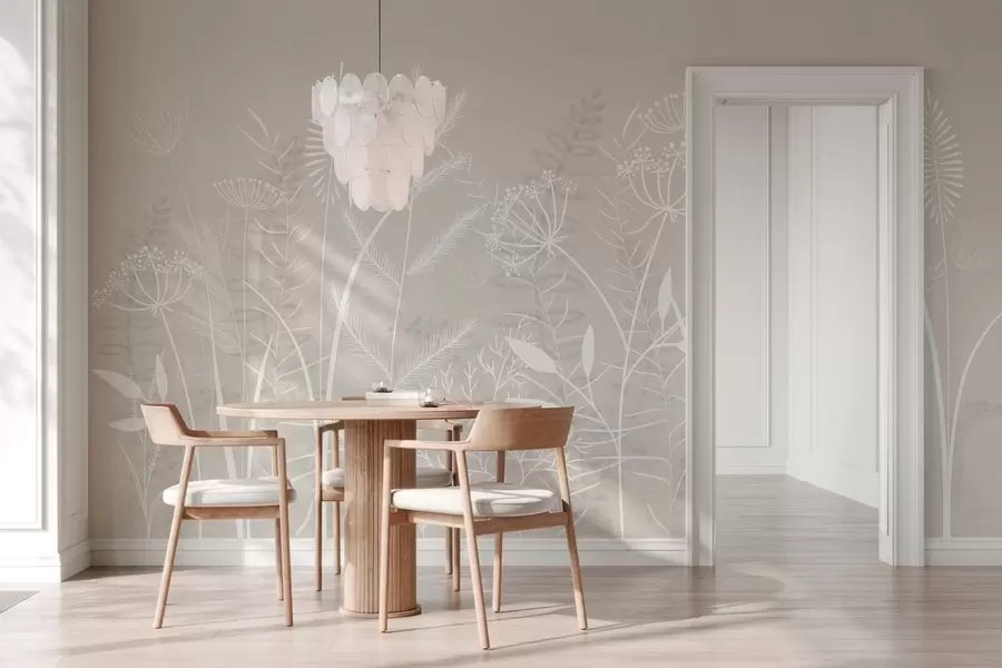 Шпалери ніжні, розписані вручну дикі трави та квіти на бежевому тлі w05383v1