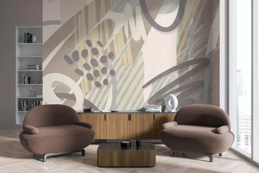 Шпалери Абстрактний фактурний принт з органічними формами, мазками та крапками у приглушених пастельних тонах w09774