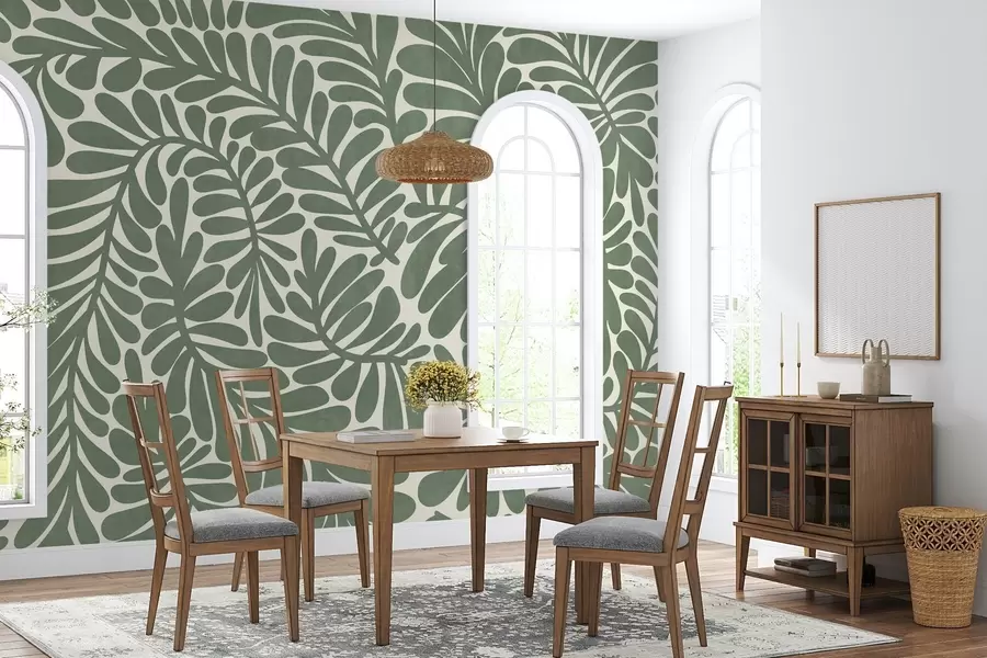 Шпалери Стилізовані зелені листки на світлому тлі, текстурована ілюстрація w09775v2