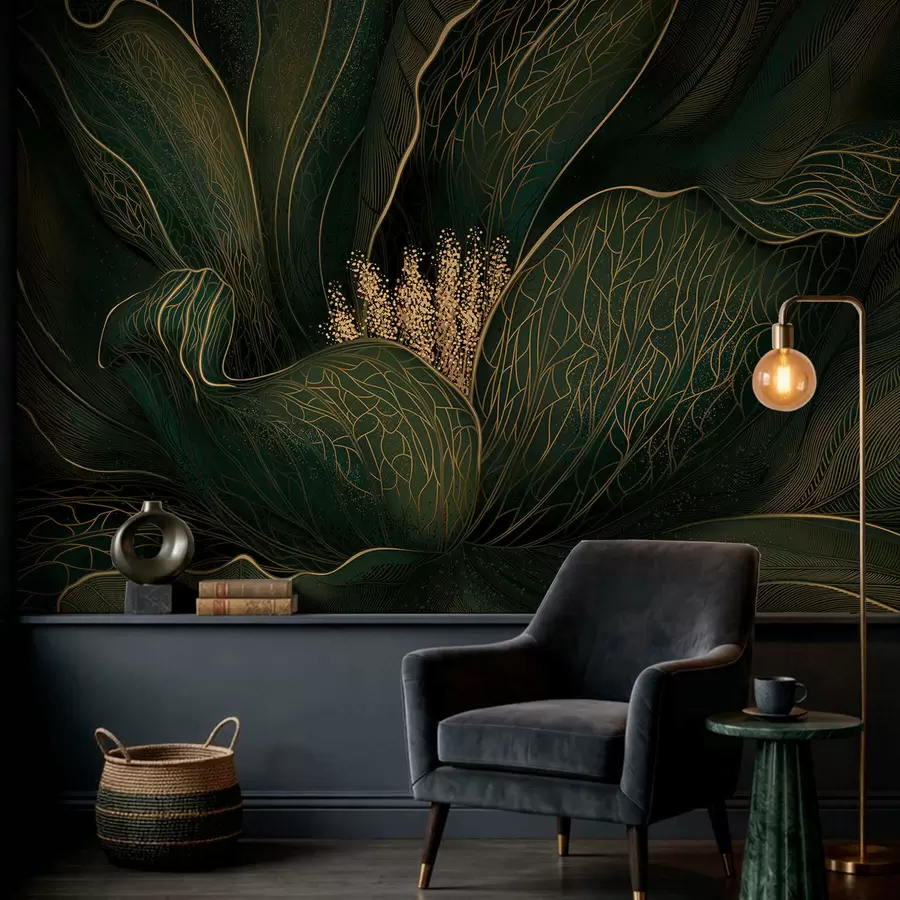 Шпалери Темно-зелена абстрактна квітка з витонченими лініями w05119v1