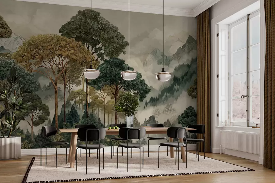 Шпалери Ліс із високими деревами в туманних горах w05410