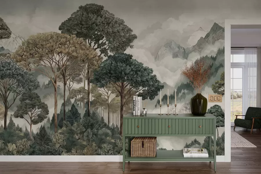 Шпалери Гірський пейзаж з лісом у ніжних тонах w05410v1