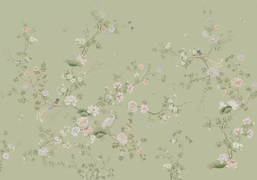 Шпалери Квітучі гілки з птахами на світло-зеленому тлі w05416