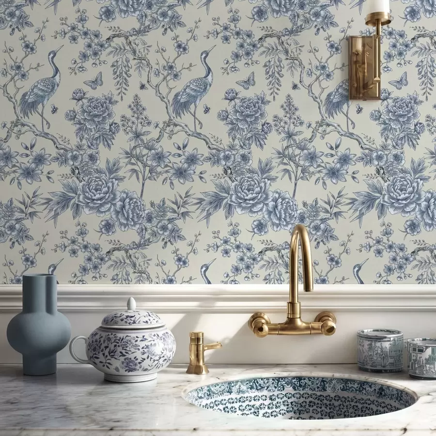 Шпалери Синій квітковий орнамент із пташкою та гілками a01132