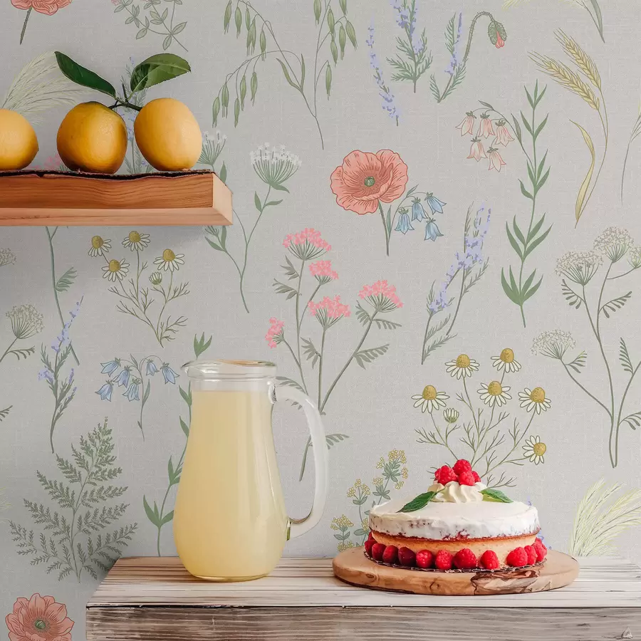 Шпалери Ніжний візерунок із польових квітів на світлому тлі a01152