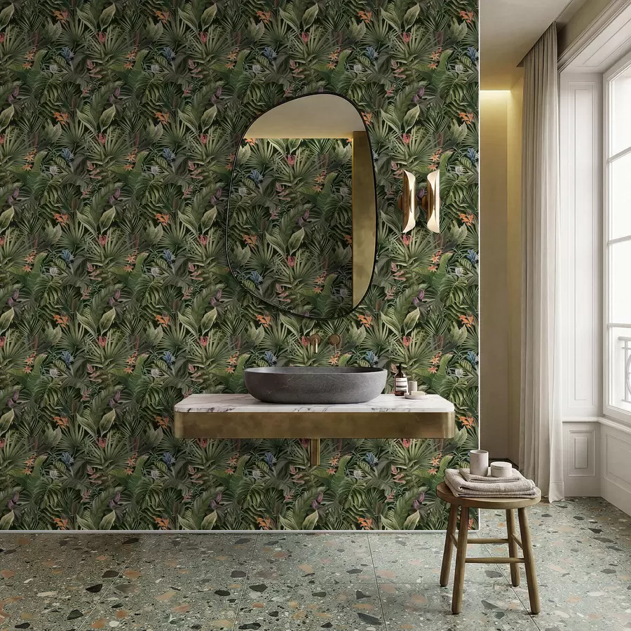 Шпалери Тропічне листя з квітами на темному тлі a01153