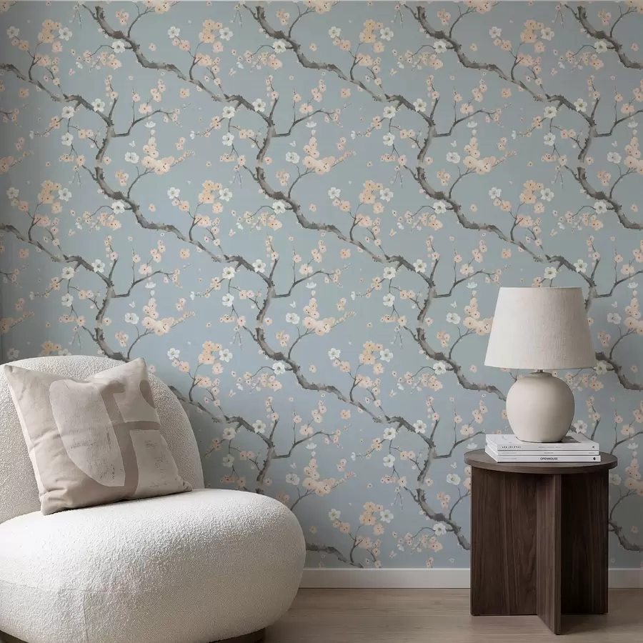 Шпалери Гілки з квітами на синьому тлі a01155