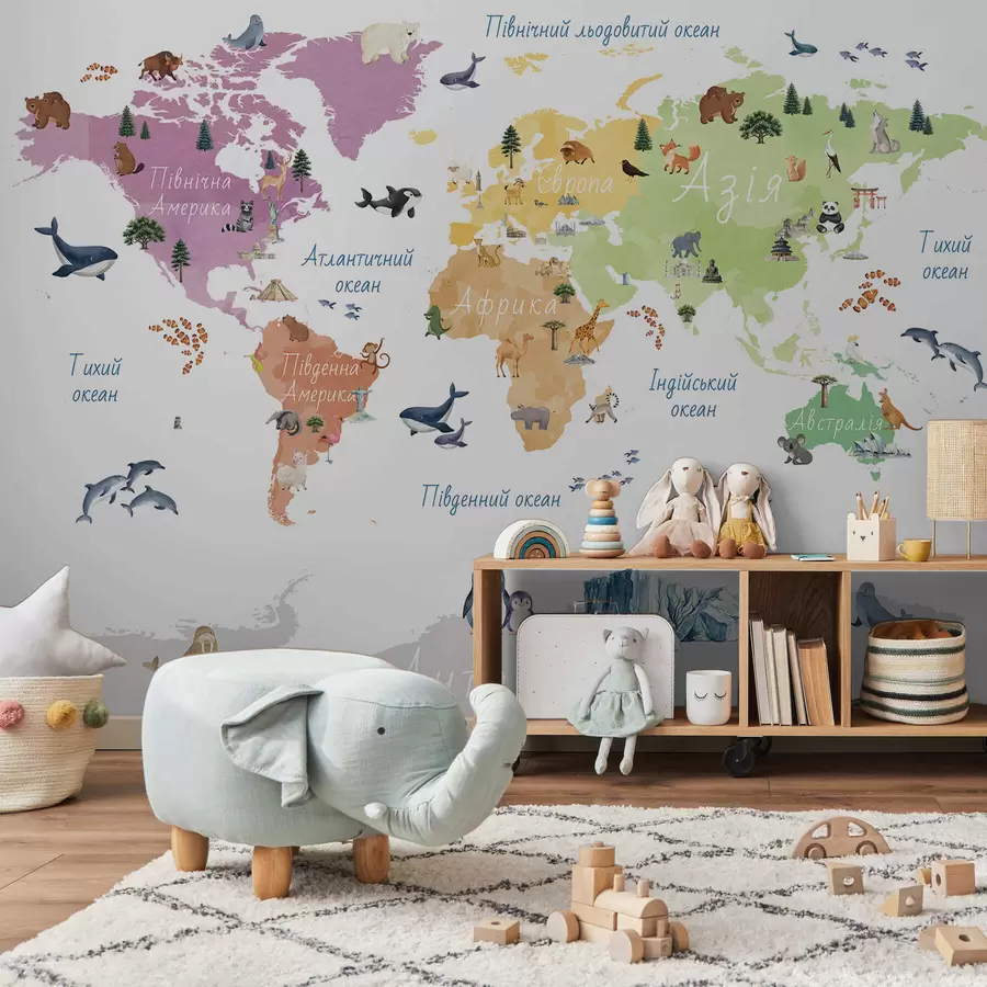 Шпалери Кольорова карта у стилі акварелі із зображеннями тварин, рослин та архітектурних споруд. Написи українською мовою c00009uk