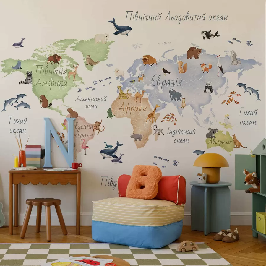 Шпалери Кольорова карта у стилі акварелі із зображеннями тварин. Написи українською мовою c00012uk