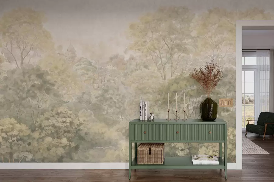 Шпалери Ретро-пейзаж лісу у приглушених зелених тонах w05433