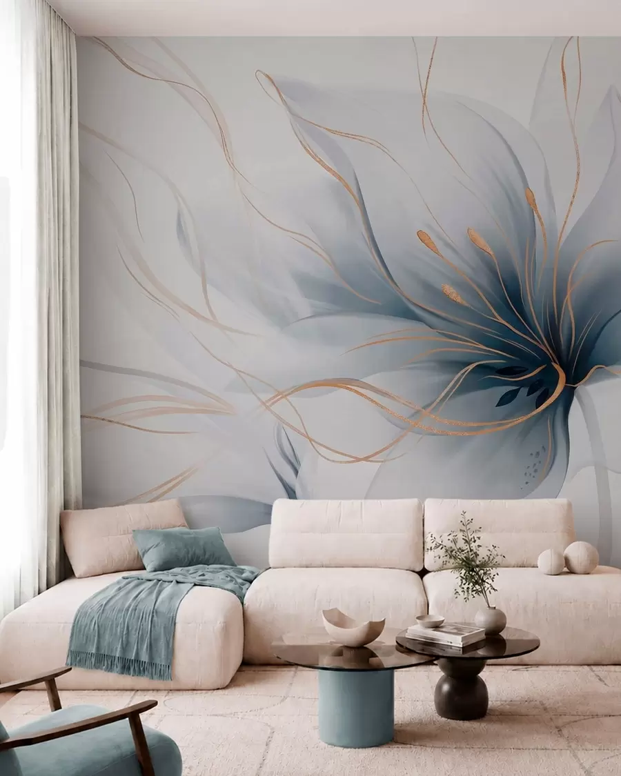 Шпалери Абстрактна блакитна квітка з плавними лініями у стилі «Fluid Art» w05428