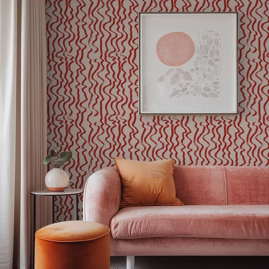 Шпалери Червоні хвилясті лінії на світлому тлі a01168