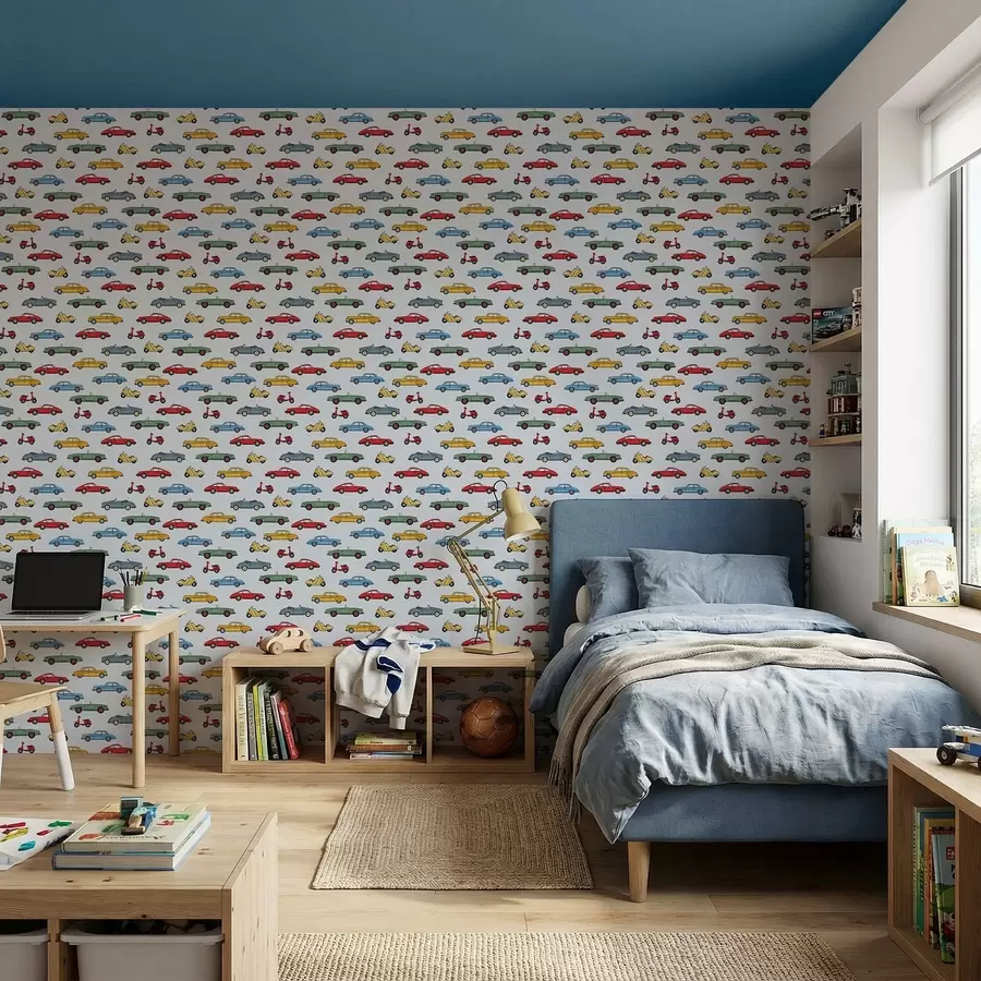 Шпалери Ретро-автомобілі та скутери на синьому тлі a01172v2