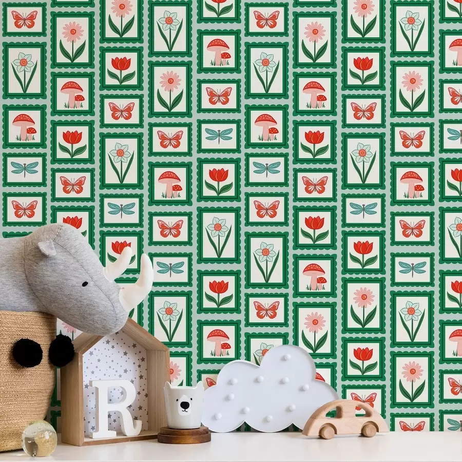 Шпалери Квіти, гриби та метелики в рамці a01175