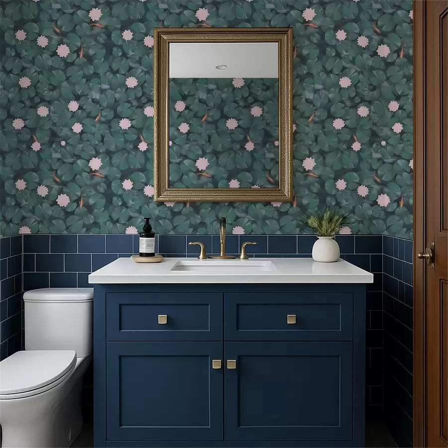 Шпалери Водяні лілії з квітами та рибками на темному тлі a01177