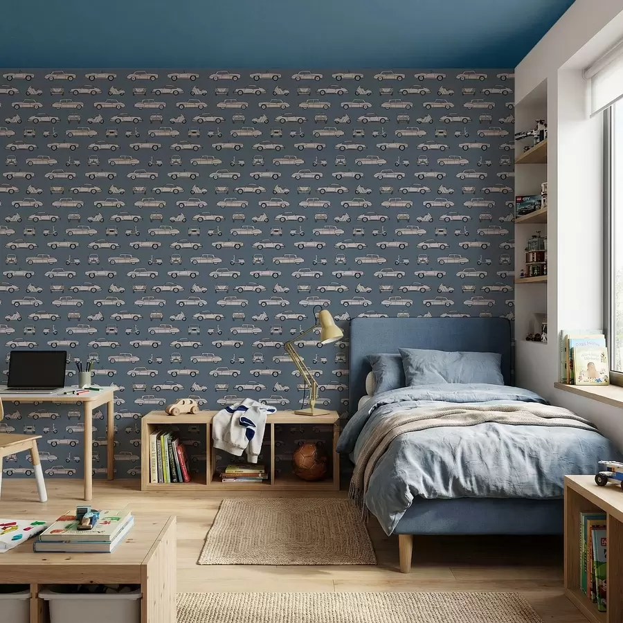 Шпалери Ретро-автомобілі та скутери на синьому тлі a01178